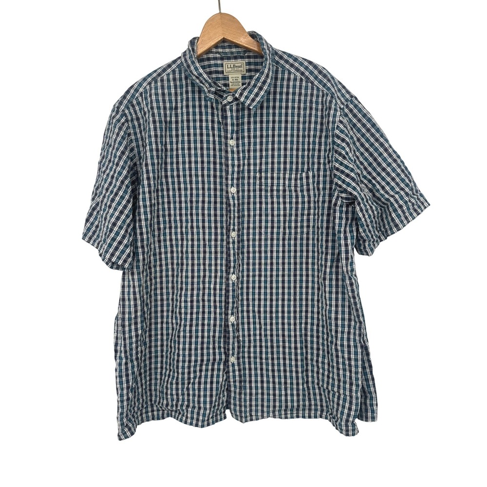 Vtg LL Bean Shirt Mens Large Plaid Button Down Preppy Dress Short Sleeve Collar